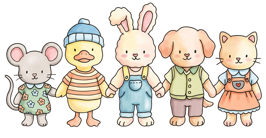 Cute watercolor illustration of a mouse, duck, bunny, puppy, and kitten holding hands.