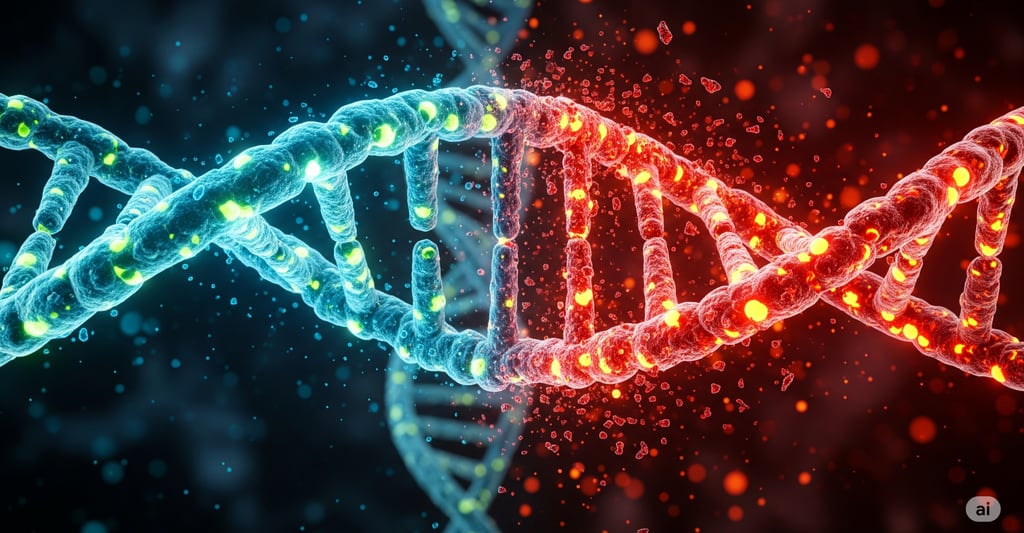 A dramatic digital illustration of a DNA double helix, split in two. The left side is a vibrant, hea