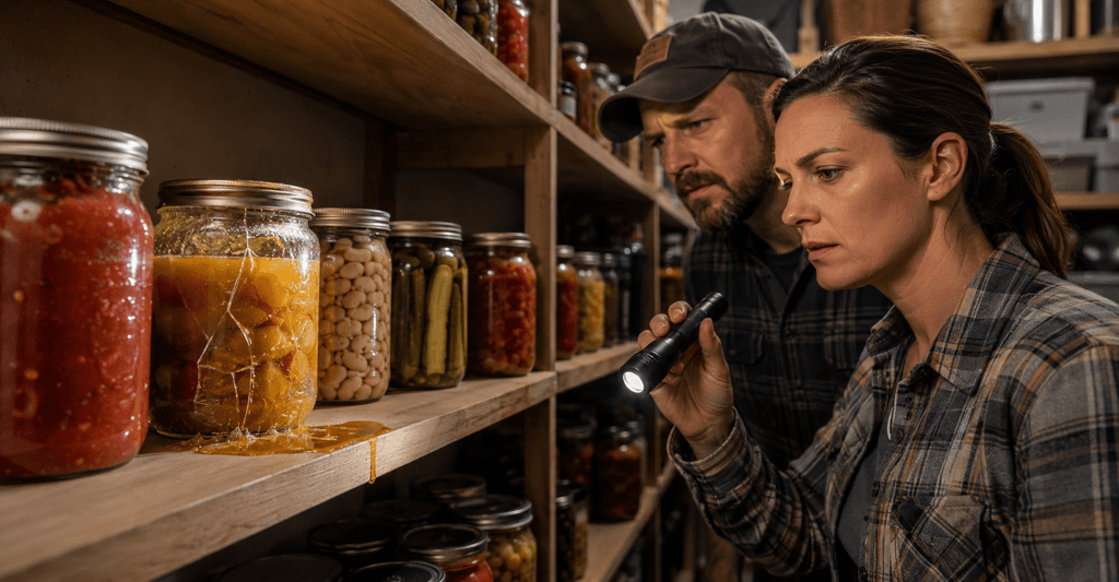 A couple uses a flashlight to inspect a cracked glass jar of canned fruit in a wooden basement pantry.