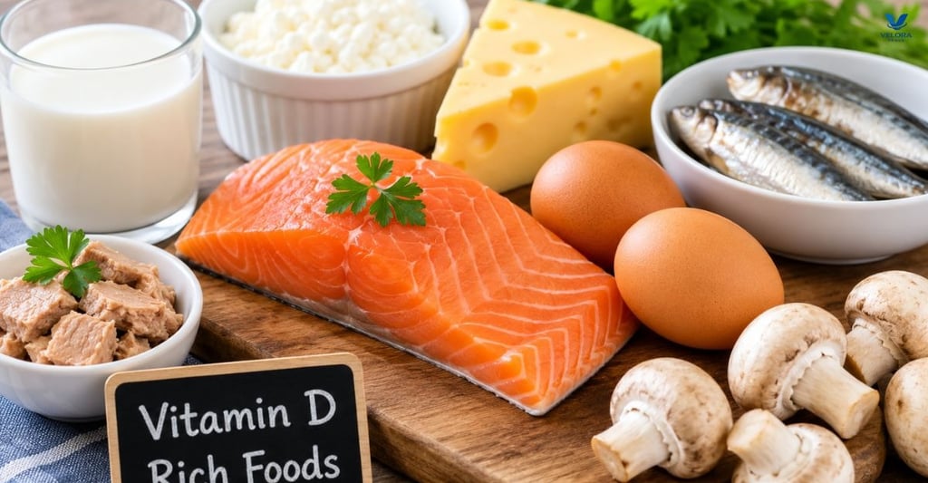 Salmon, mackerel, sardines, tuna, eggs, mushrooms, fortified milk, and cheese arranged as vitamin D-
