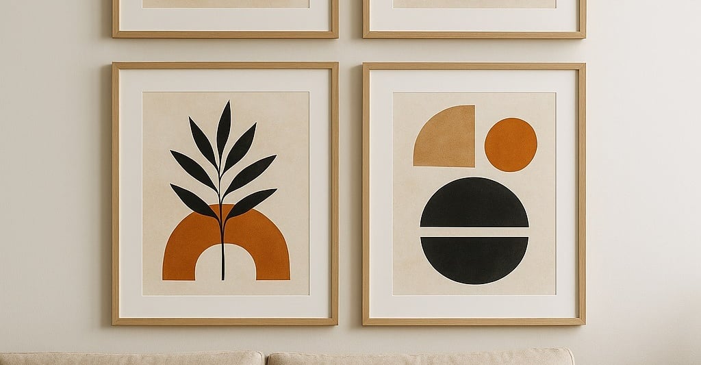 Sala de estar com sofá bege, manta ocre e quatro quadros abstratos emoldurados pendurados na parede 