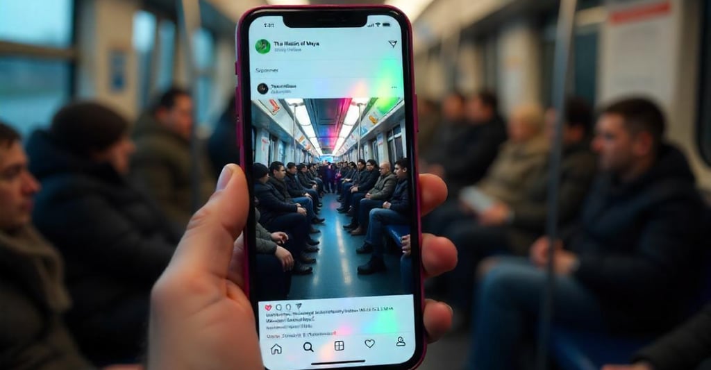 A hand watching Instagram in backdrop of metro station