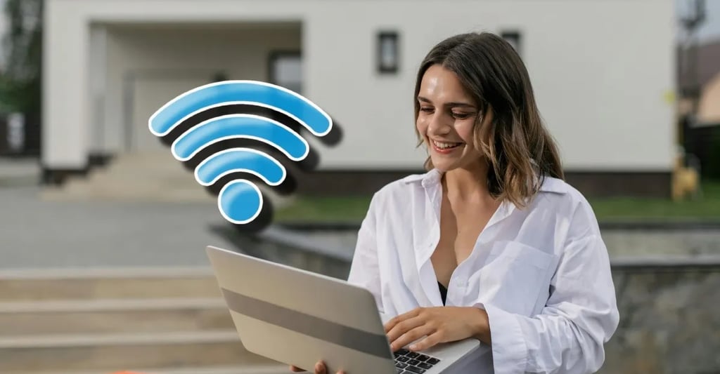 Mujer feliz usando laptop con señal WiFi excelente tras aplicar consejos de MBTECNIC.