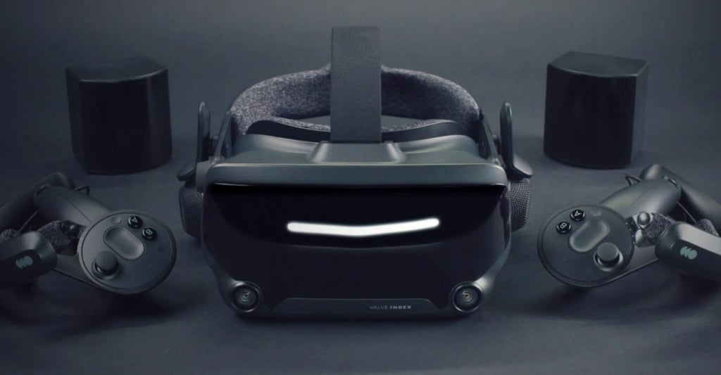 se muestra un kit de casco de realidad virtual valve fondo gris
