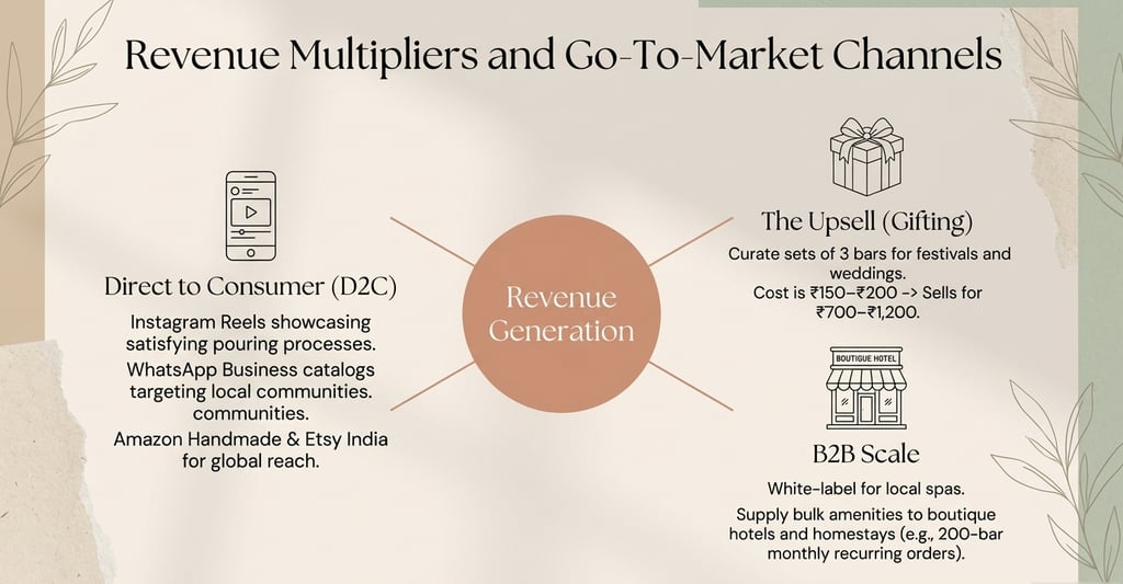 Revenue generation infographic for D2C marketing, gifting upsells, and B2B scale for boutique businesses.
