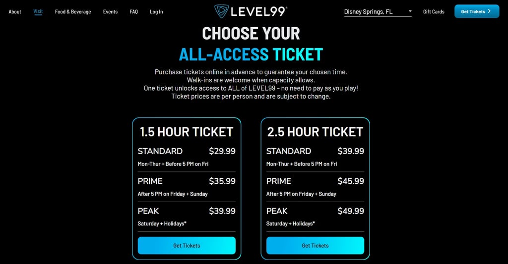 Level 99 Disney Springs all-access ticket prices for 1.5 and 2.5 hour sessions.