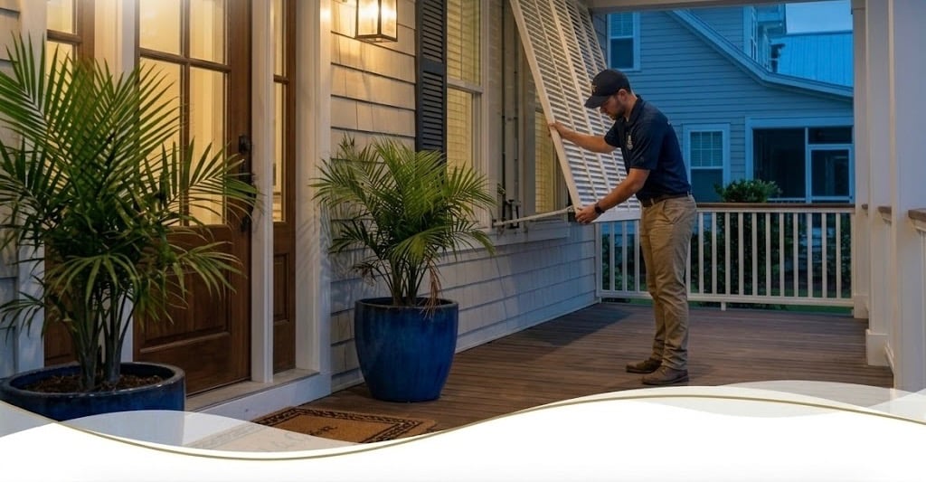Professional technician installing hurricane shutters on a coastal residential home's window for storm protection.