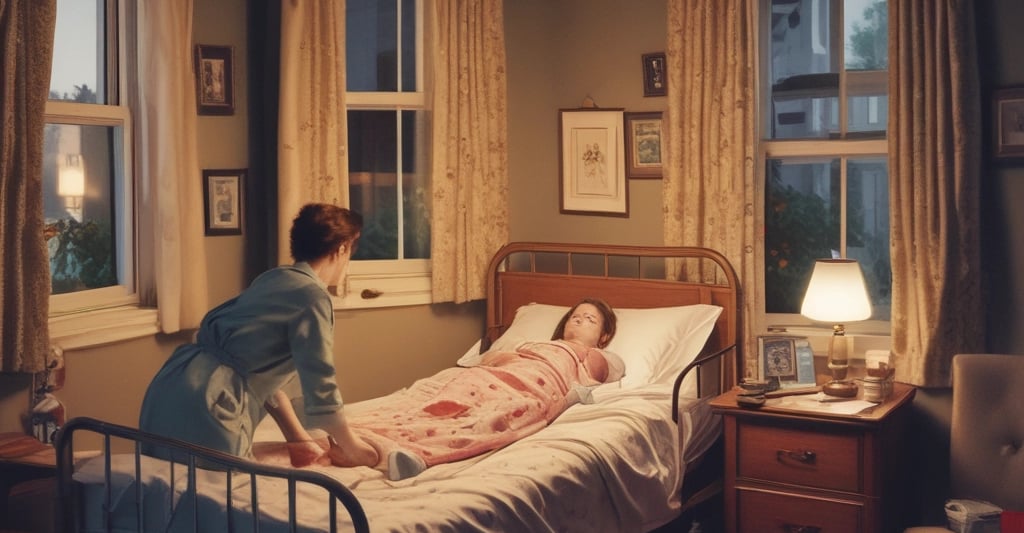 A warm, professional nurse gently assisting an elderly patient in a cozy home setting.