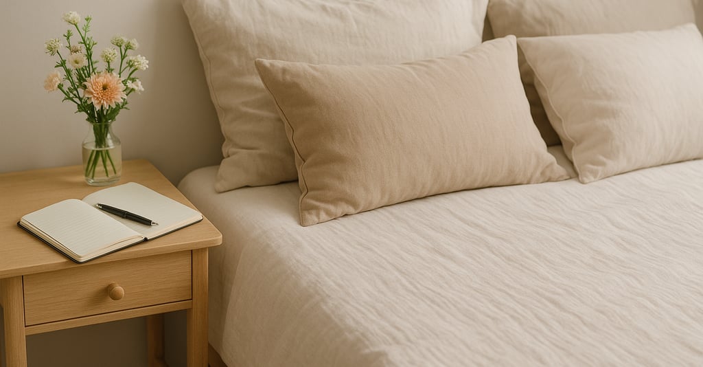 Cozy recovery space: a bed with soft pillows, a notebook and pen on a nightstand, and a small vase.