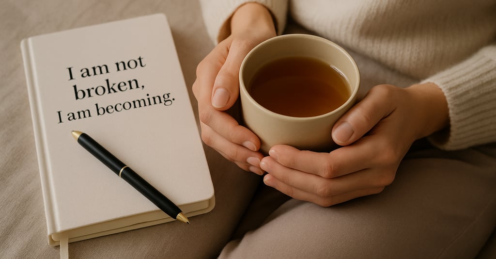 Hands holding a warm cup of tea, with a journal nearby. Tenderness and self-soothing