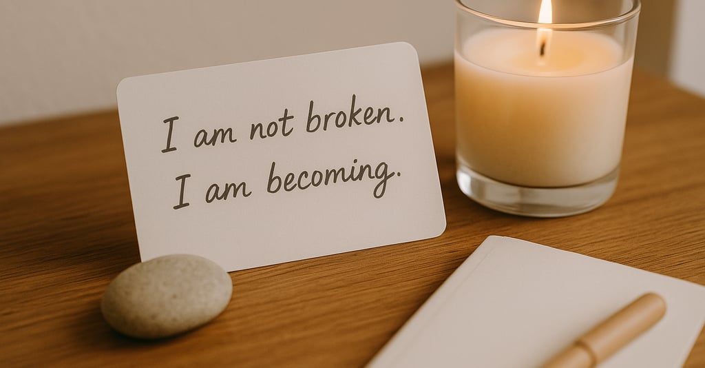 A hand-written note on a bedside table “I am not broken. I am becoming.” next to a candle.
