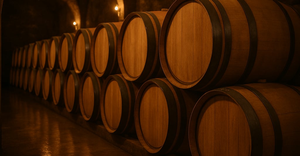 Oak barrels in a wine cellar