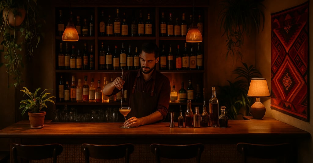 A bar with Peruvian decor with warm light, and a bartender preparing an elegant cocktail