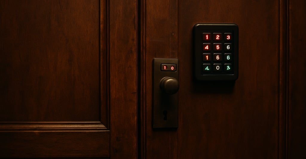 An old wardrobe door with a small, modern keypad glowing red and green, adding a mysterious contrast