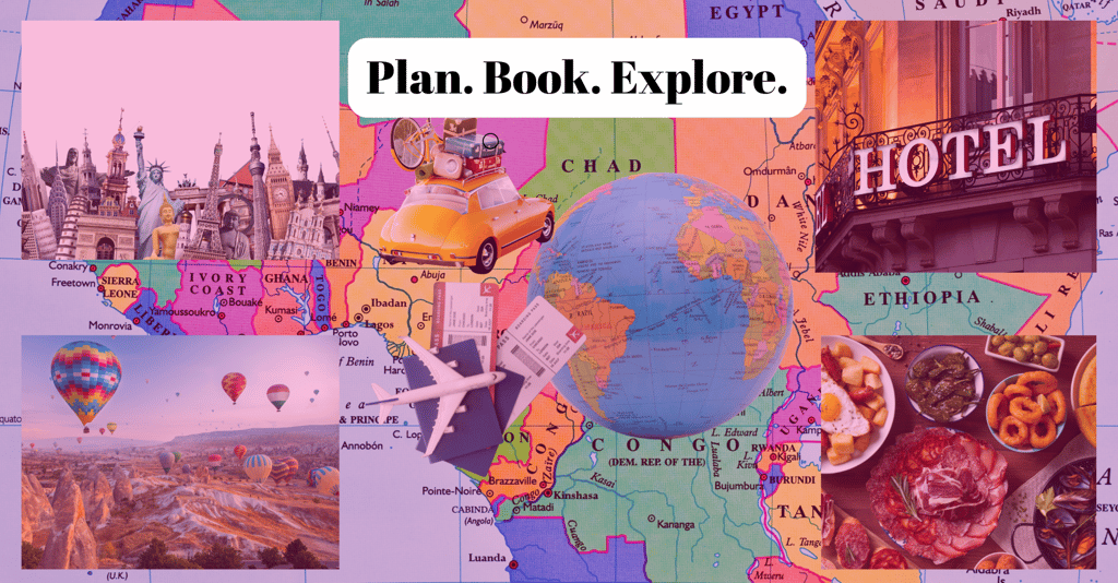 Travel-themed collage on a world map with landmarks, food, plane, globe, and ‘Plan. Book. Explore.