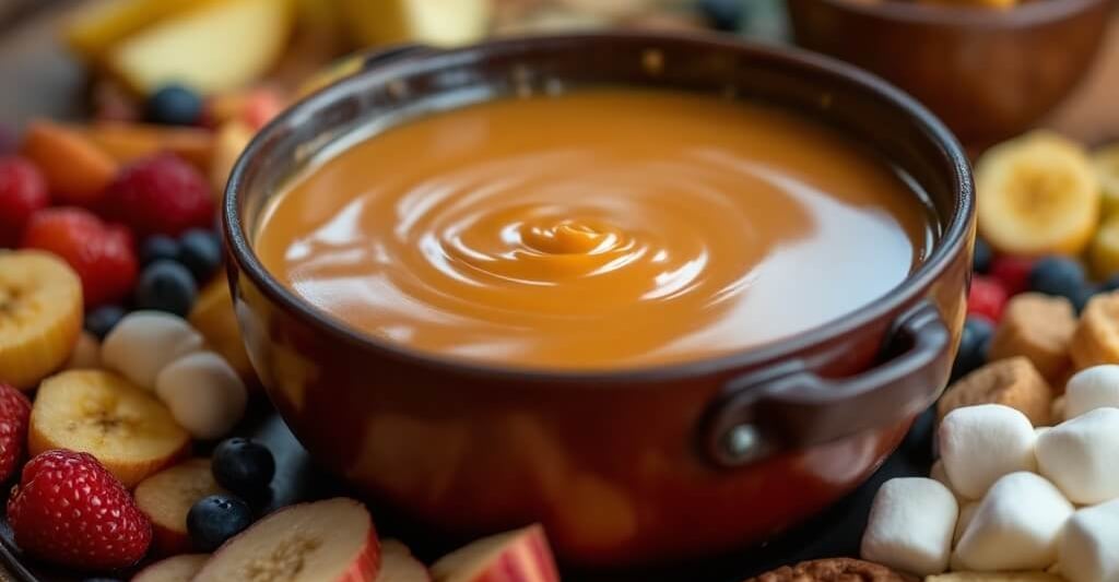 caramel fudge with marshmallows, bananas and other dippers 
