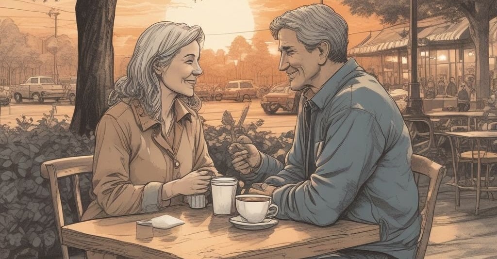 Sketch art of a middle-aged couple on a first date after divorce, sitting at a cozy outdoor café.