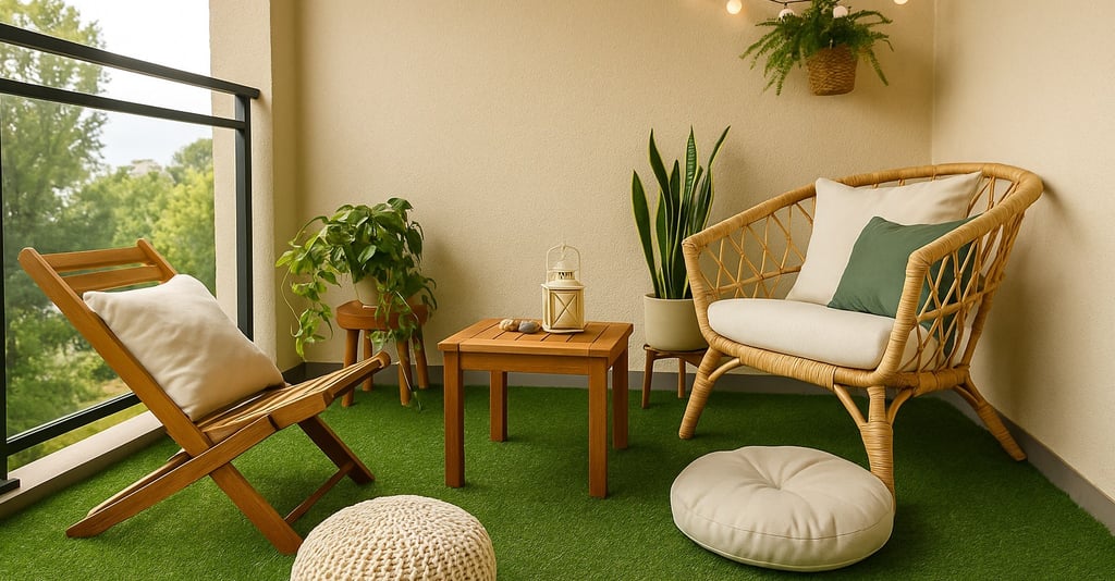 Sacada com grama sintética, móveis de vime, plantas e luz natural em apartamento aconchegante.