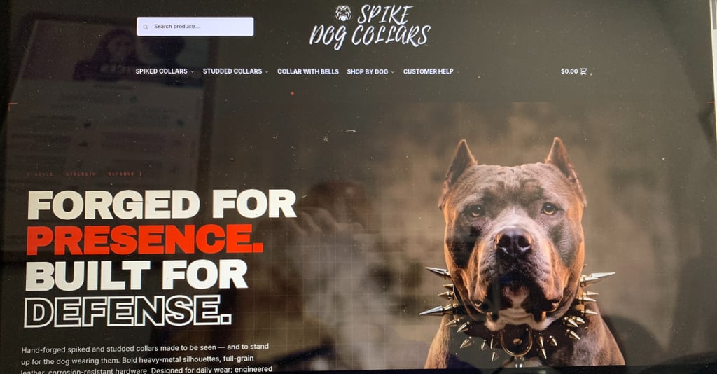 Spike Dog Collars website featuring a large Pitbull wearing a metal spiked collar.