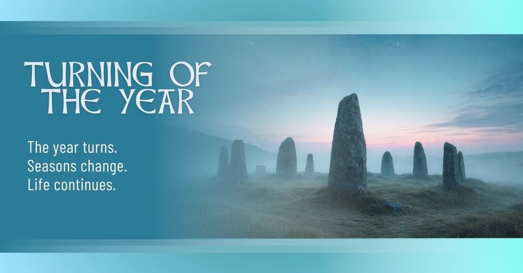 Misty standing stone circle at dawn beneath a teal and lavender sky, representing the Turning Year a