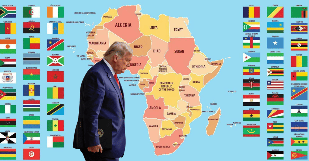 Picture showing the African continent and flags of every country in Africa, and the US President Donald Trump standing.