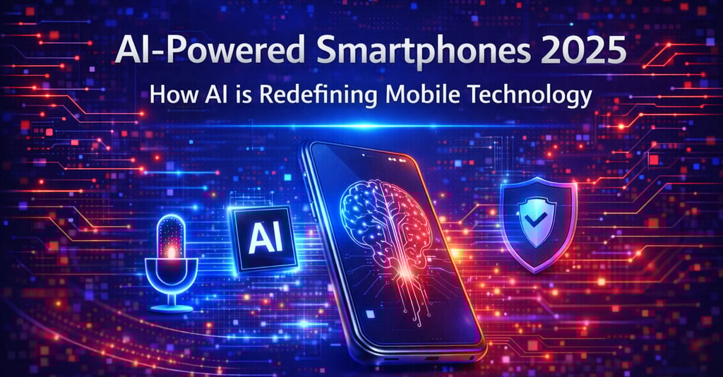 Futuristic digital illustration showing an AI-powered smartphone with a glowing brain-shaped AI circ