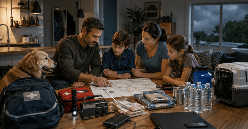 A family reviews an emergency evacuation plan with survival supplies and a first aid kit.