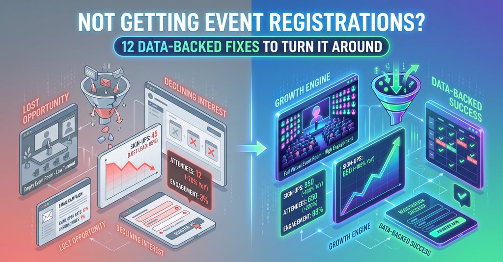 Infographic comparing low event registrations and declining interest with data-backed growth engine success strategies.