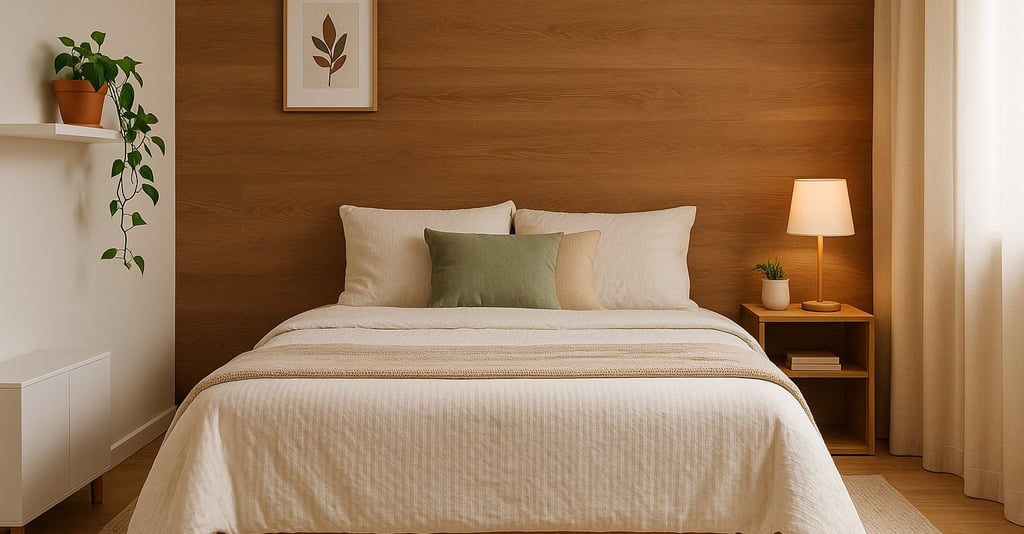 Quarto decorado com papel de parede madeira freijó, cama em tons neutros, iluminação quente e planta
