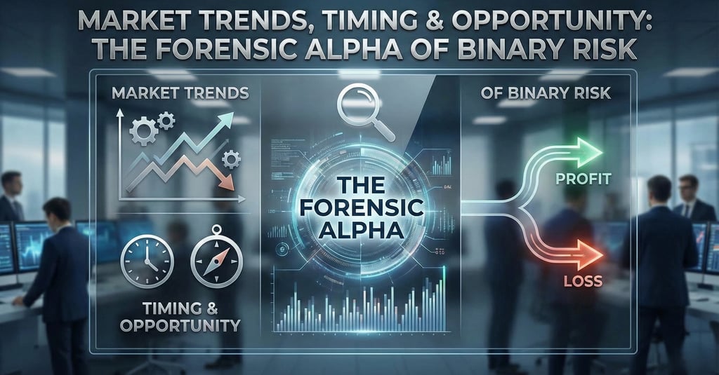 Financial dashboard illustrating market trends, timing, and forensic alpha in binary risk analysis.