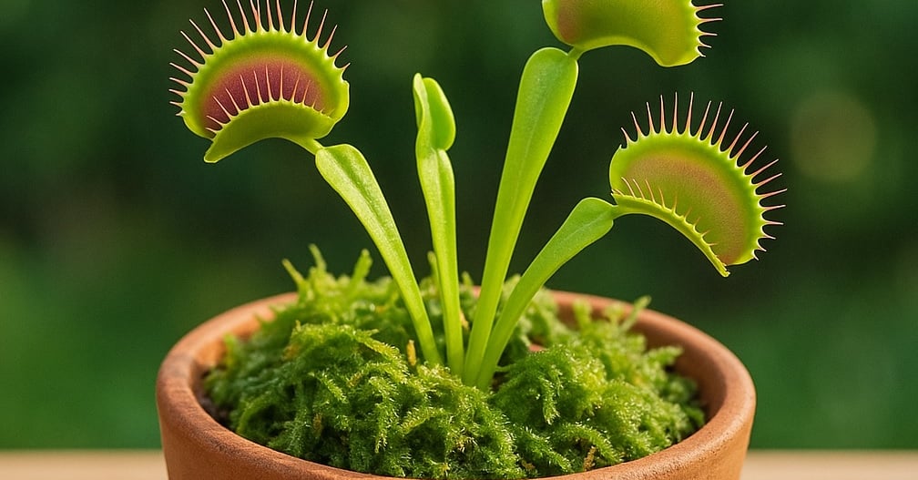 Muda de dionéia muscipula saudável em vaso com musgo, ideal para iniciantes que desejam cultivar