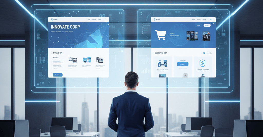 Pebisnis menatap dua layar besar, satu menampilkan situs web perusahaan, satu lagi situs e-commerce.