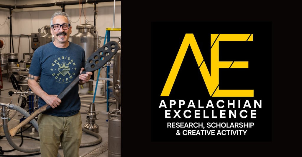 image of dr. bret taubman in a brewery and the appalachian excellence logo