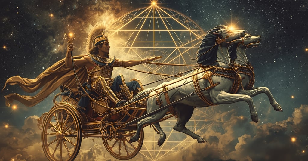 um homem andando em uma carruagem puxada por cavalos no céu