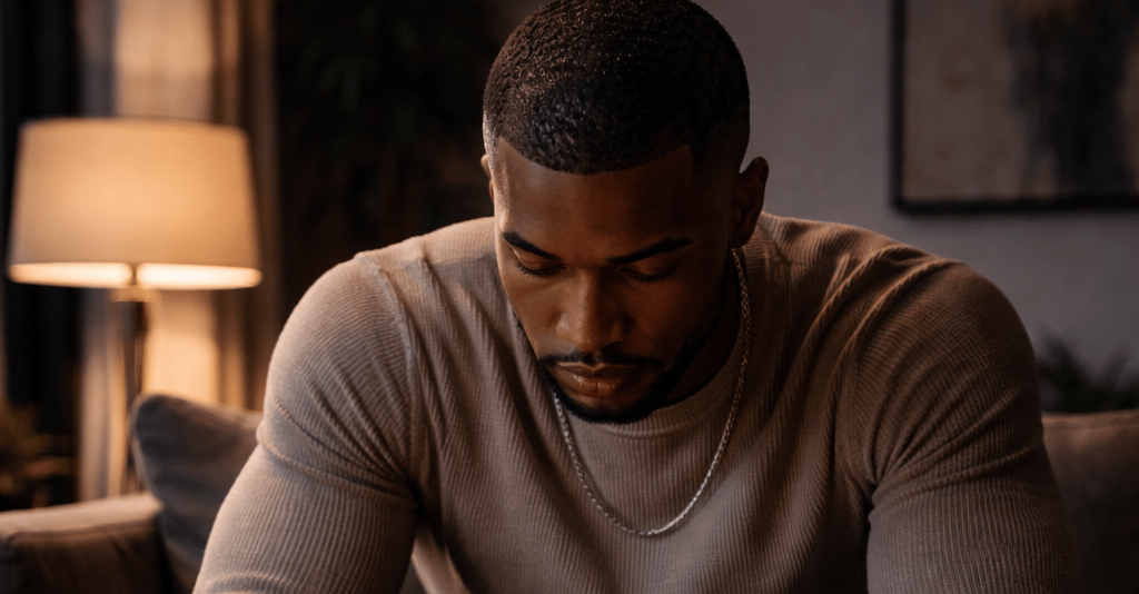 Man sitting alone at night with phone face-down,showing the pressure behind the man box meaning