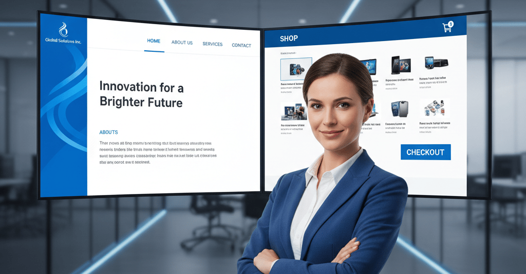 Wanita di depan layar yang menampilkan situs web perusahaan dan e-commerce.