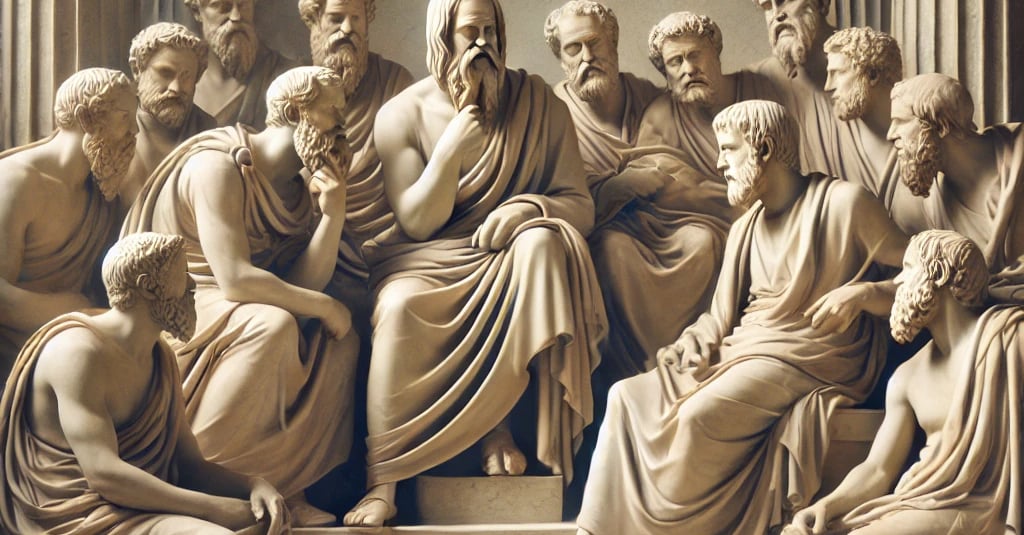 Ancient philosophers in timeless dialogue enduring wisdom.