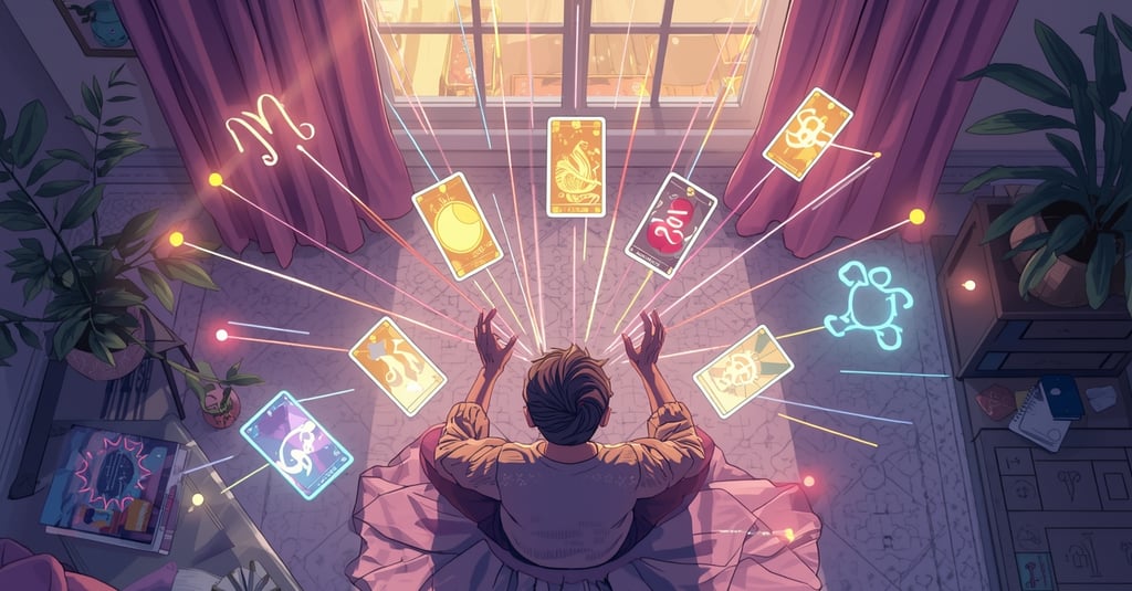 uma mulher sentada em uma cama com muitas cartas