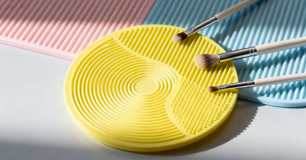 A round, yellow silicone mat with ripple textures, used for cleaning makeup brushes.