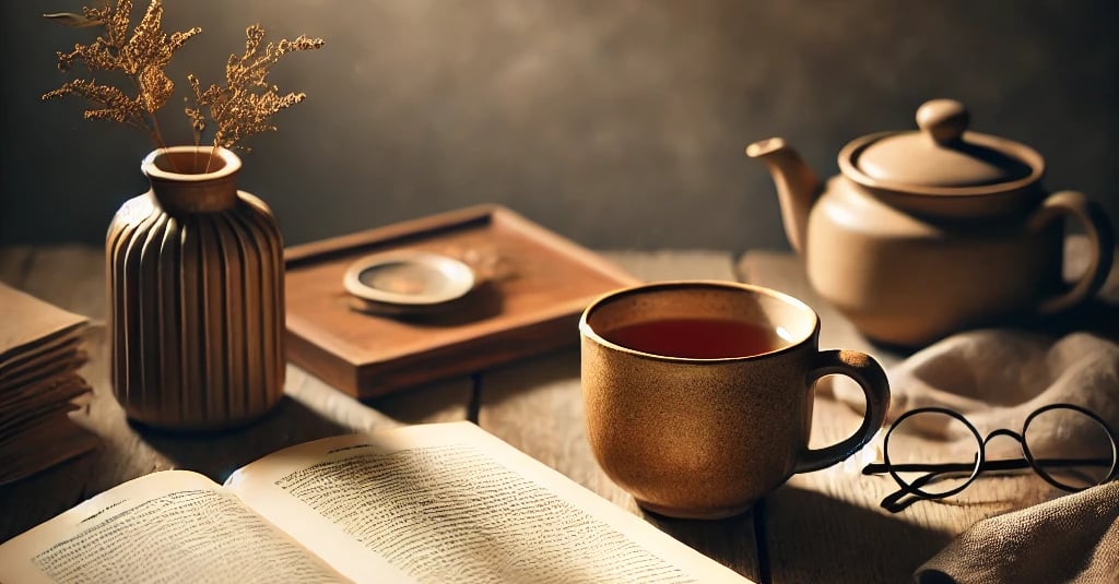 An open book, a warm drink, and natural light: quiet learning and personal reflection.
