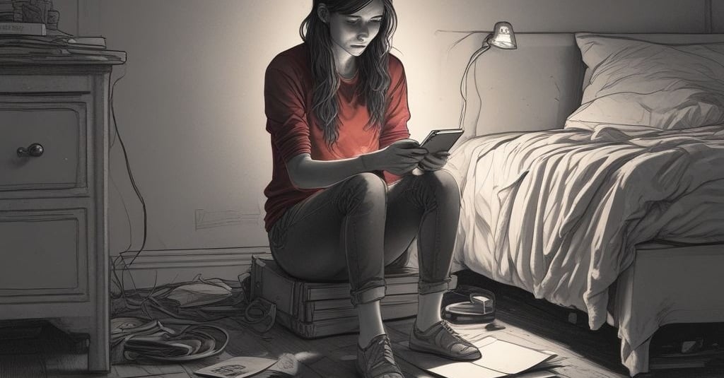 A sad woman ghosted sitting beside a bed with a cell phone expecting a response from the boyfriend