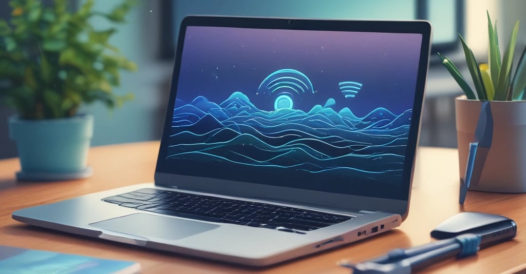 A cozy home office setup with a laptop, a cup of coffee, and a stable Wi-Fi router in the background.