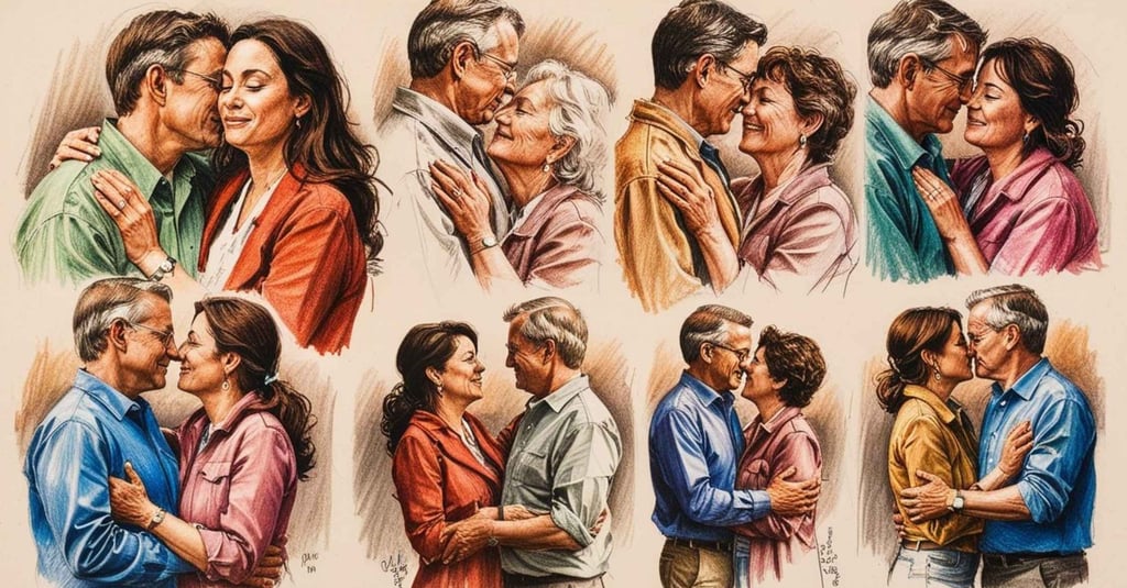 A heartfelt painting of a couple sharing a kiss and hug, illustrating the bond of love in long-term relationships.