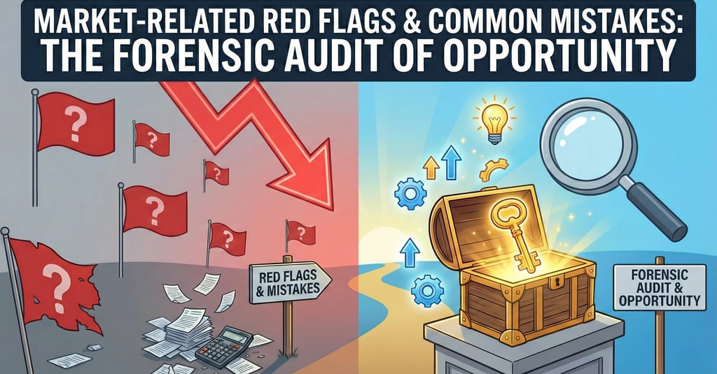 Split-screen graphic titled Market-Related Red Flags and Common Mistakes contrasting business risks 