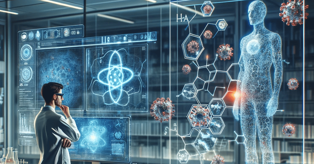 a man in a lab coat standing in front of a large screen with a futuristic personal diagnostic