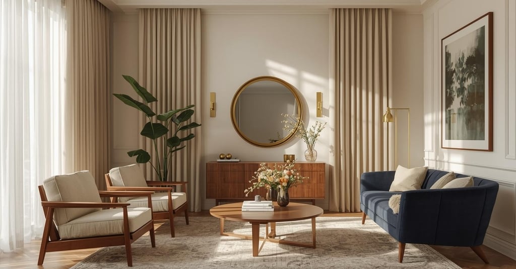 a modern living room with a couch, chairs, and a mirror with a golden touch