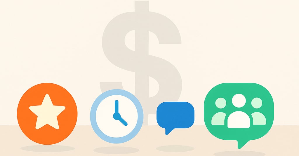 Ilustración minimalista con un gran signo de dólar difuminado en el fondo y cuatro íconos coloridos