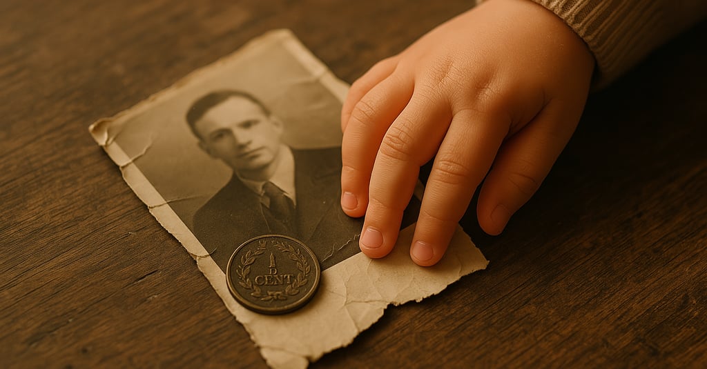 a wrinkled photo and a child’s hand - metaphor for the value and fragility of life