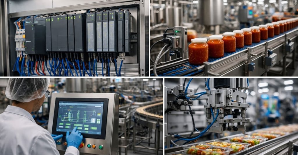 Image of a PLC in a food processing setting with an operator and jars of product