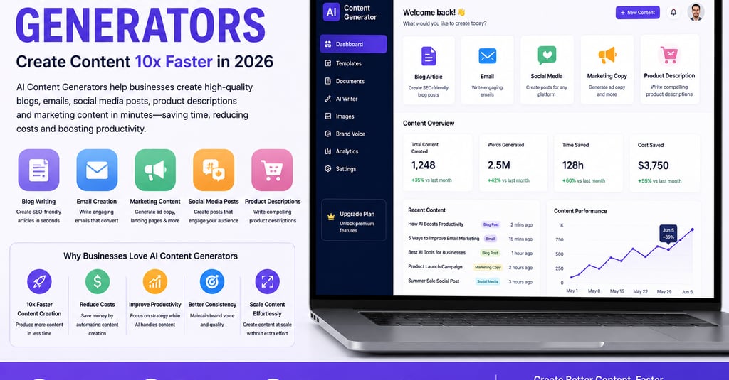 AI Content Generator dashboard showing blog writing, email creation, marketing content generation an